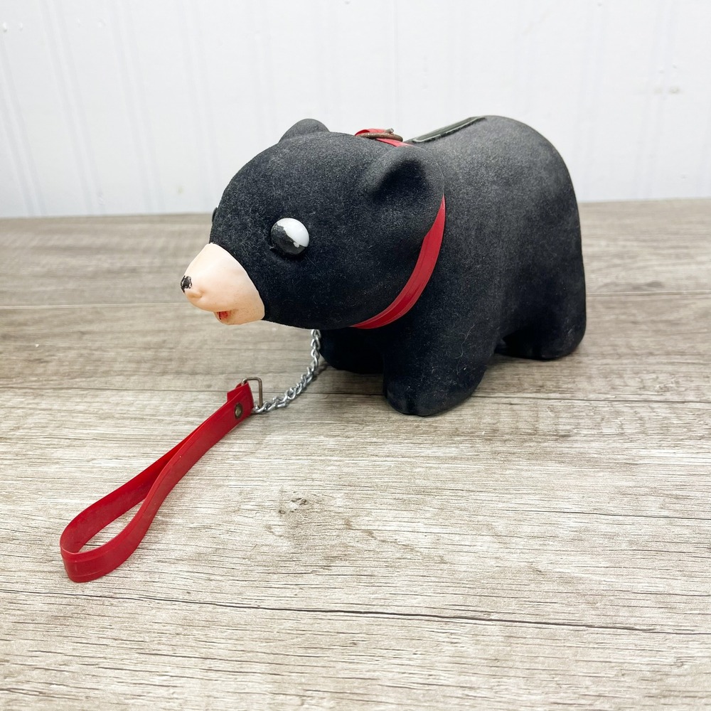 Vintage Flocked Black Bear Coin Bank Red Collar Leash Made in Hong Kong